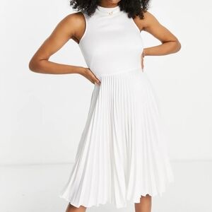 Closet London High Neck Pleated Midi Dress in White